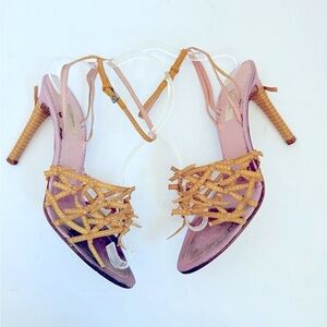 Prada Vintage liliac Gold Satin Leather Bow Caged tie around ankle Heels EU 37